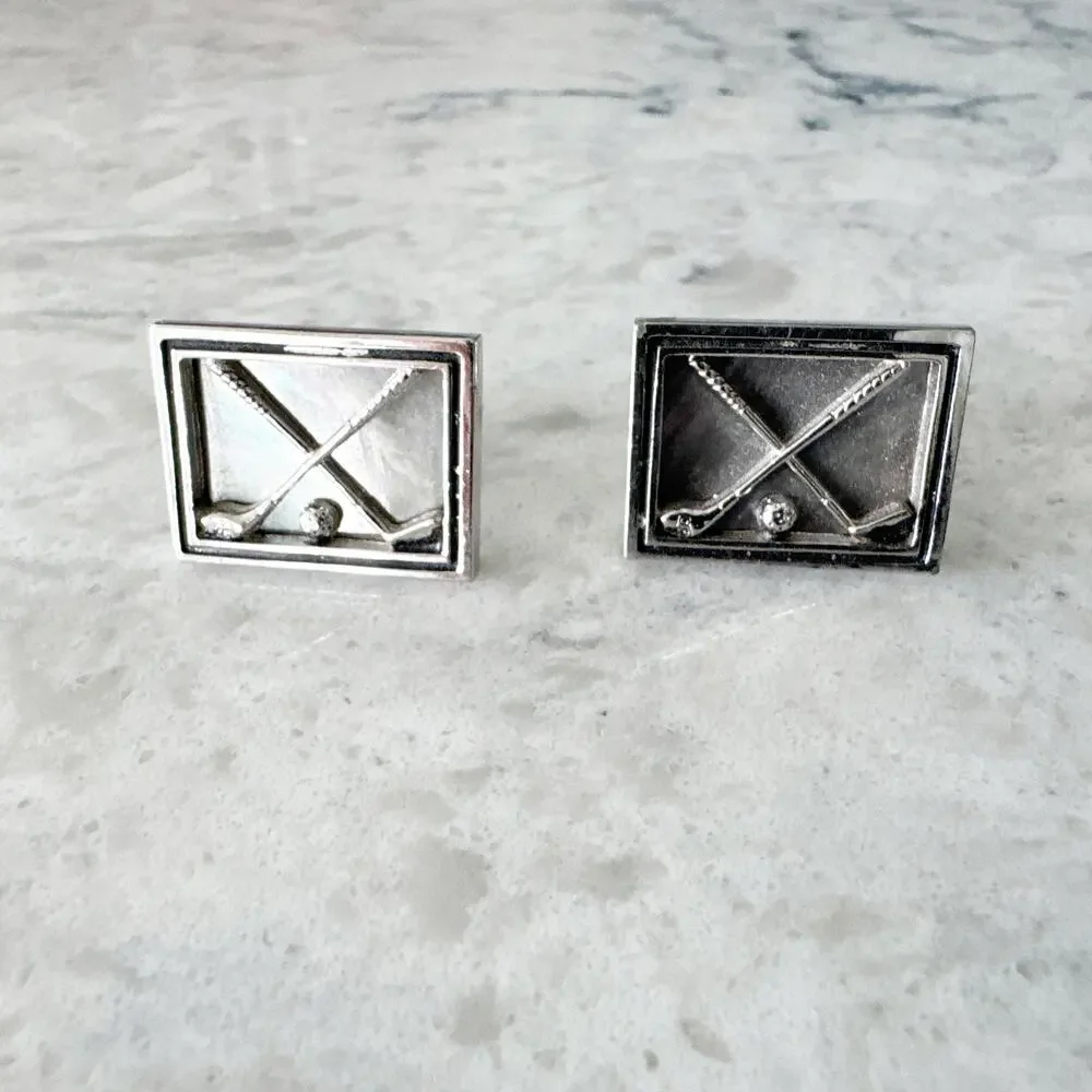Golf Club Ball Cufflinks Men One Size Silver Tone Iridescent Rectangle Unbranded